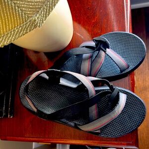 Chaco Black, Gray and Red Sandals.